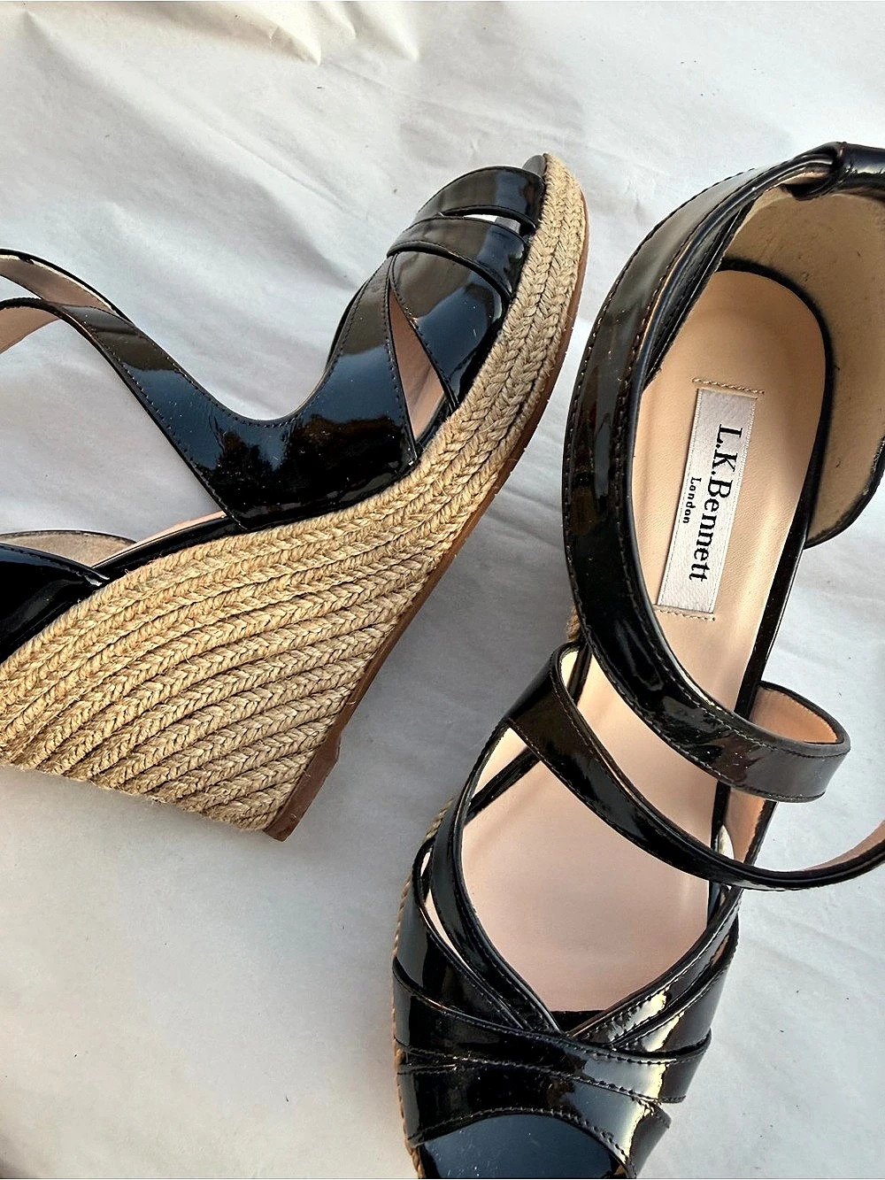 L.K.Bennett Maggie Patent Leather Espadrille Wedges Black & Tan EU 38